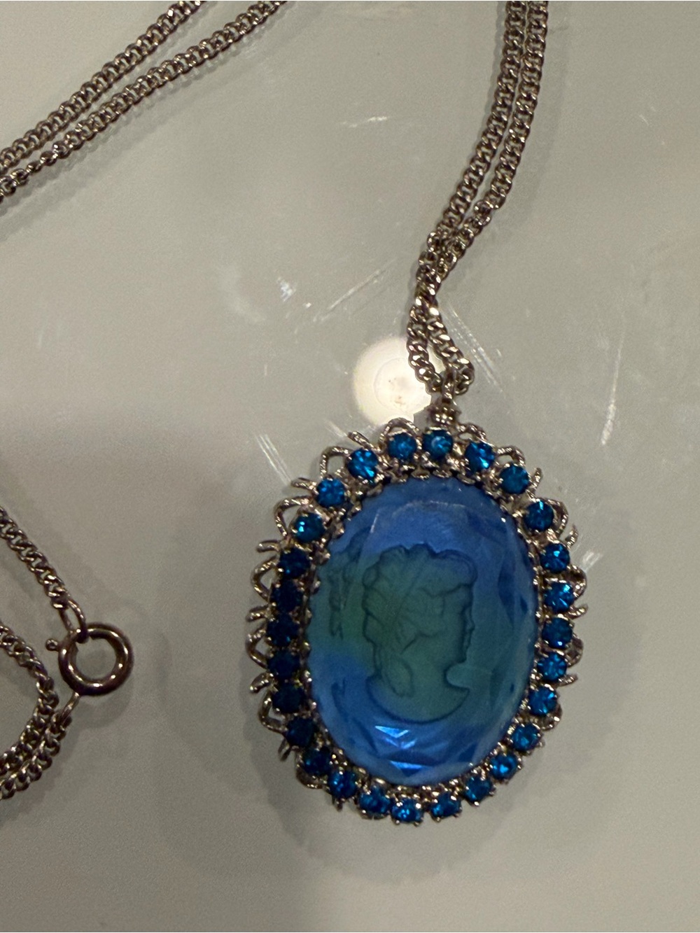 Vintage Blue Cameo Intaglio Pendant Necklace with Crystal Halo